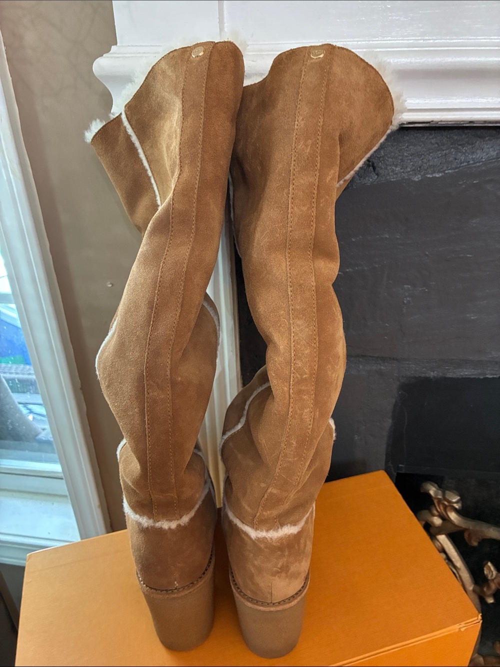 UGG Tall Suede Shearling-Lined Boots in Chestnut